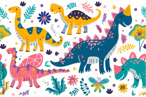 Seamless pattern of cute colorful dinosaurs with floral and geometric elements set vector icon, white background, black colour icon