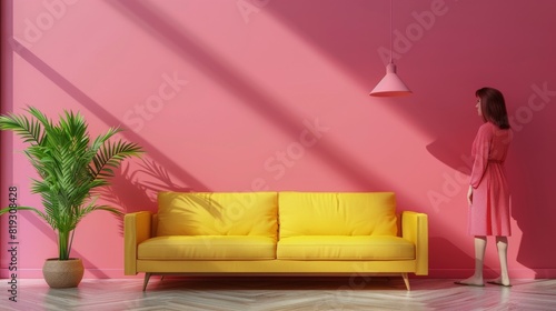 Woman Standing in Front of Pink Wall With Yellow Couch