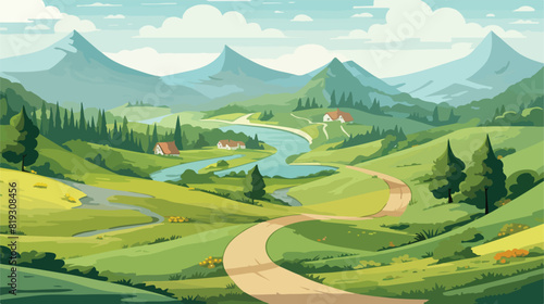 Vector rural landscape scenery icon with road path