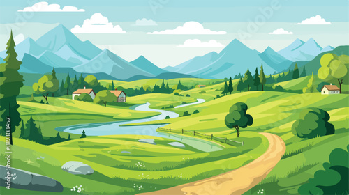 Vector rural landscape scenery icon with road path