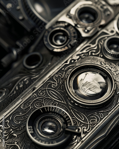 Close-up of vintage film cameras Showcasing the intricate details and textures of the cameras, focusing on their retro design elements