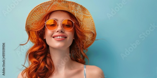Girl With Red Hair Wearing Sunglasses and Straw Hat