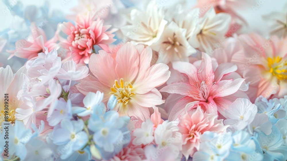 beautiful bright spring flowers in pastel colors on a white background