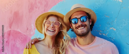 Stylish Man and Woman Posing in Front of Colorful Wall