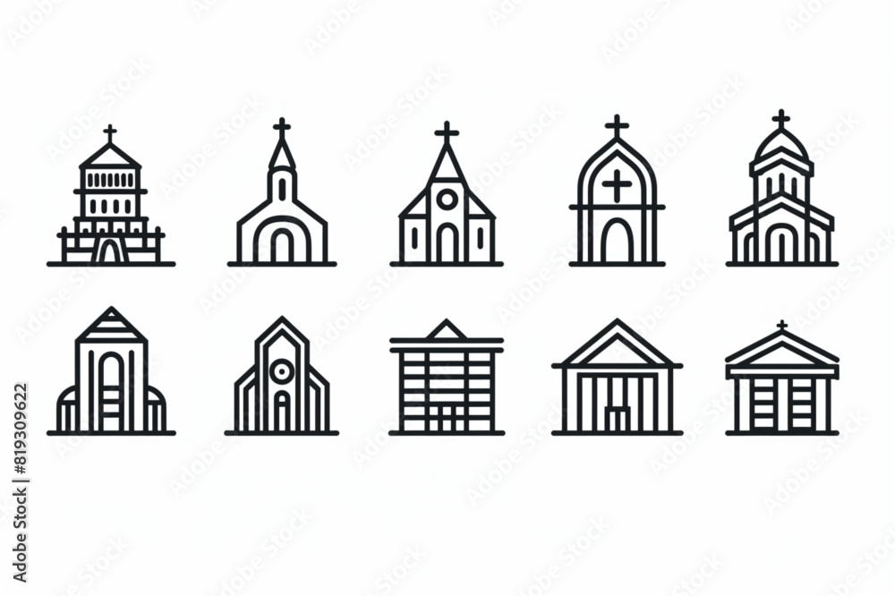 Set of Buildings Related Vector Line Icons. Contains such Icons as Church, Sport Stadium, Medical Hospital and more. Editable Stroke. set vector icon, white background, black colour icon