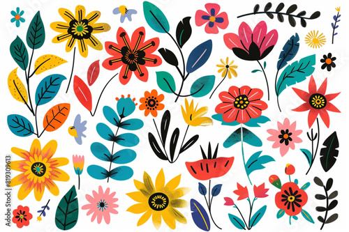 Set of bold naive colourful flowers and leaves in retro groovy style isolated on white background. Perfect for children s graphic design set vector icon  white background  black colour icon