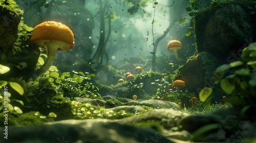   A cluster of mushrooms thrives amidst lush greenery  carpeting the forest floor with myriad fungi