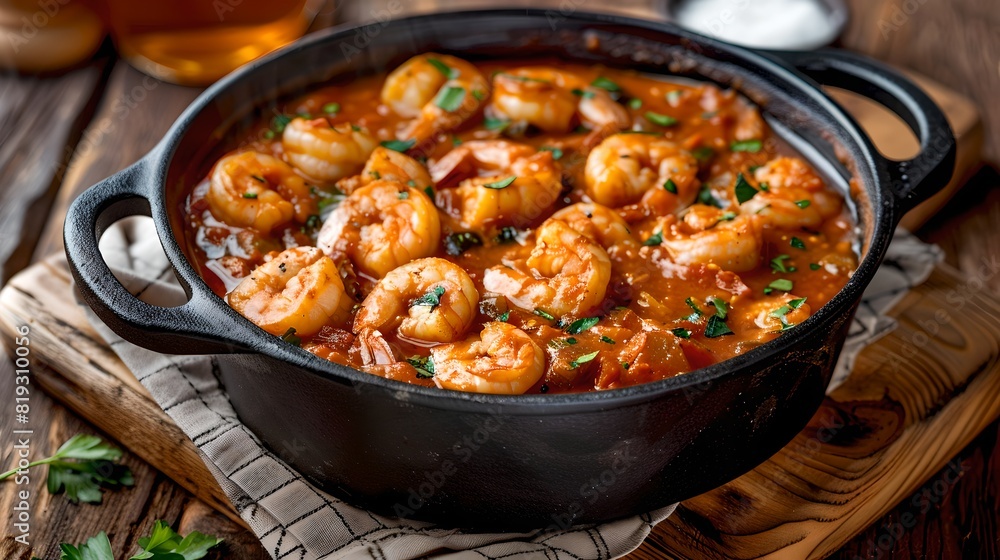 Delicious shrimp stew in a black pot, ready to serve. Perfect for seafood lovers and food presentations. AI