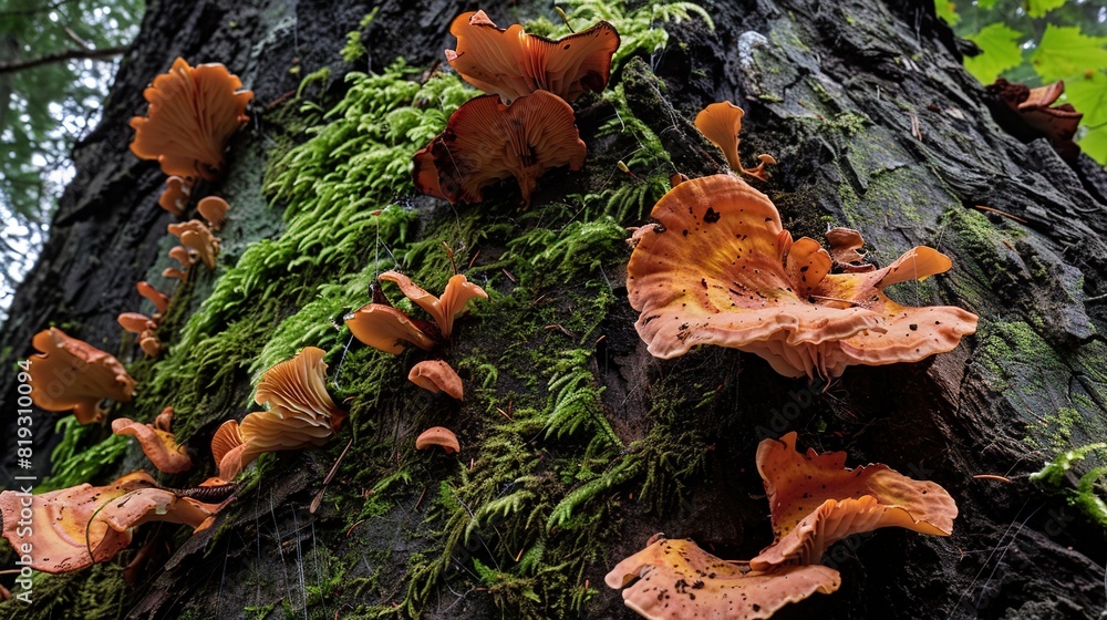 A cluster of fungi thriving on tree trunk bark in a woodland with mossy foliage A cluster of fungi thriving on tree trunk bark in a woodland with mossy foliage