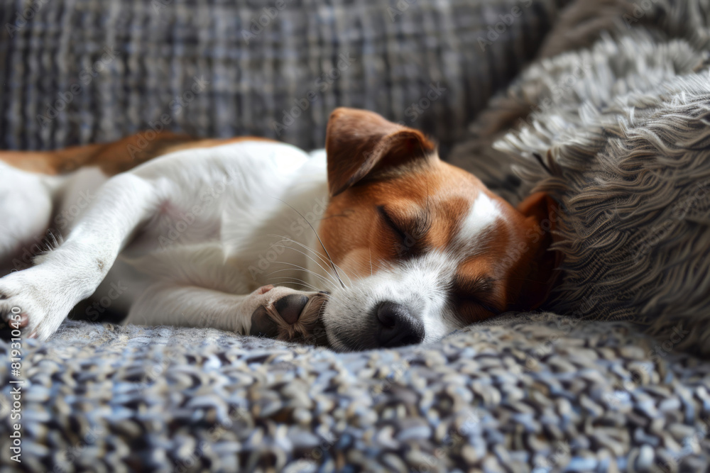 Obraz premium Dog is sleeping on the gray fabric sofa