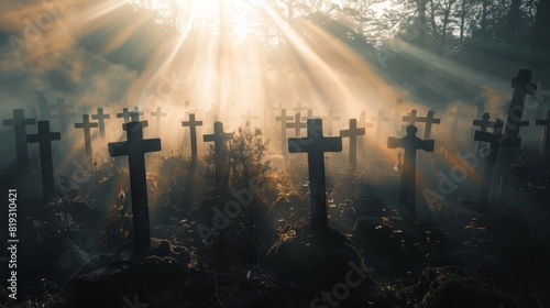 Silhouettes of old wooden crosses in contrasting sunlight. A pilgrimage site on a mountain in the photo