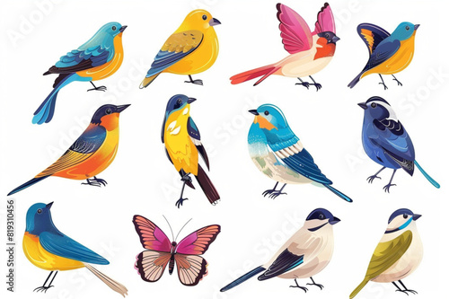 Set of colorful birds and butterflies isolated on white background. set vector icon  white background  black colour icon