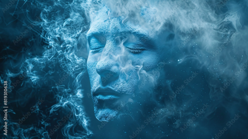 Abstract face in blue smoke. Artistic image of a face emerging from blue smoke, with intricate details and a surreal atmosphere..