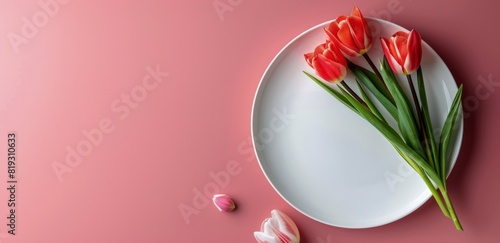 White Plate With Pink Tulips on Pink Background