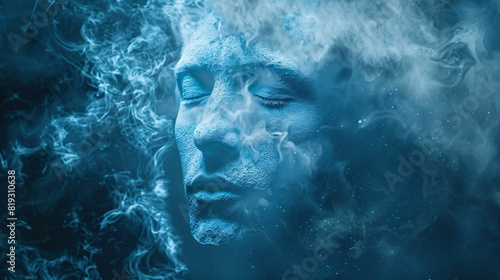 Abstract face in blue smoke. Artistic image of a face emerging from blue smoke, with intricate details and a surreal atmosphere..
