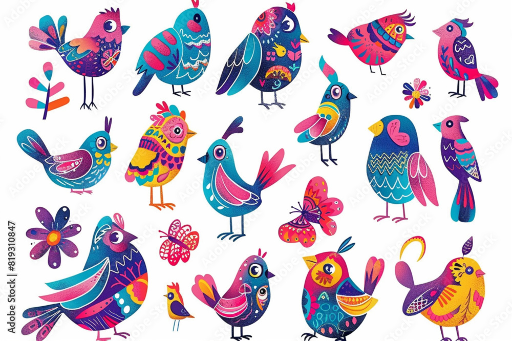 Set of cute colorful folk birds isolated on white background. set vector icon, white background, black colour icon