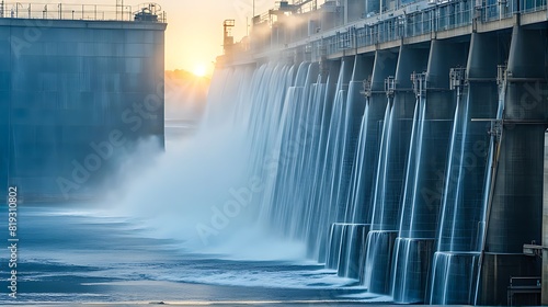  the dam flows clean water in the morning, Industrial waste water treatment plant purifying water 