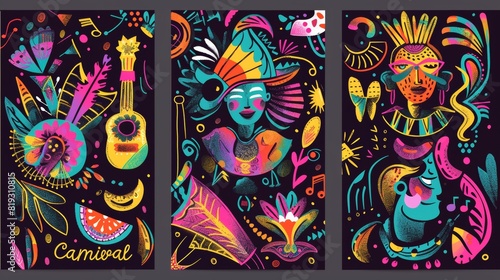 Carnival collection of colorful cards. Music festival