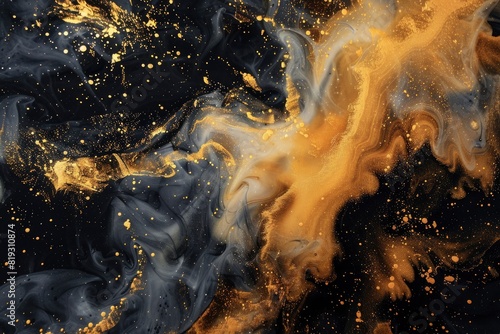Golden sparkling abstract background, luxury black smoke, acrylic paint underwater explosion, cosmic swirling ink - Generative ai © FDStock