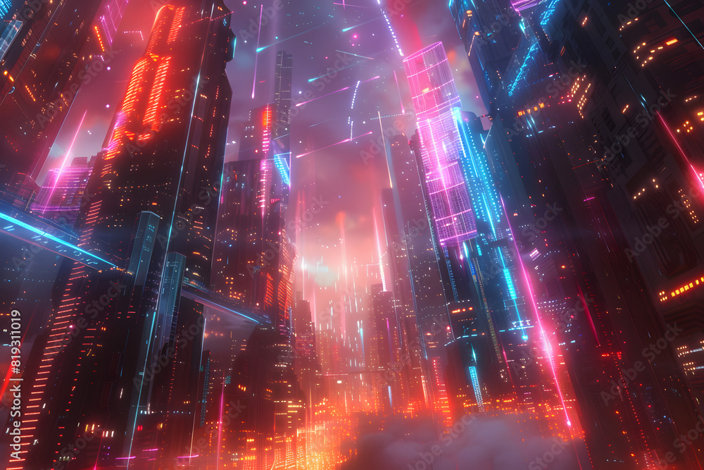 Futuristic digital cityscape with vibrant neon lights and dynamic data ...