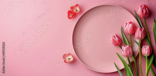 White Plate With Pink Tulips on Pink Background © olegganko