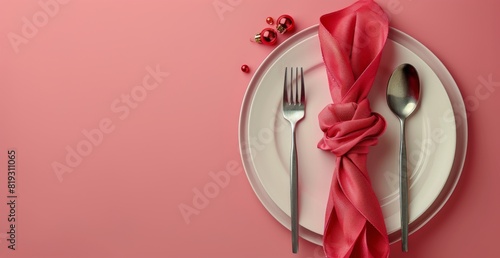 Plate, Napkin, and Fork on Pink Background
