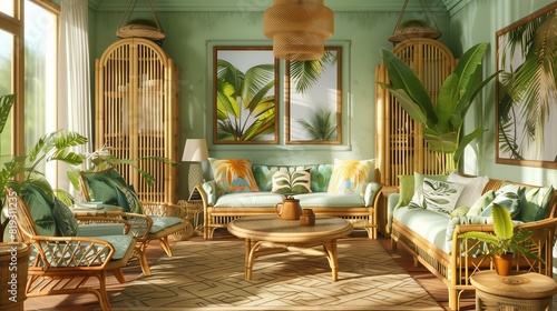A Scandinavian retro tropical living room with bamboo furniture, palm leaf prints, and a relaxed island vibe. © Eric