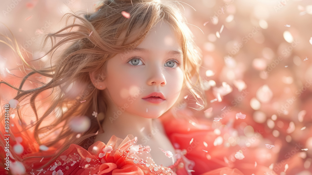 Portrait of a beautiful little girl in red dress in sakura garden, petals falling all around her. Portrait of a beautiful little girl in red dress in sakura garden, petals falling all around her.