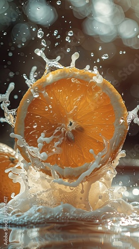 a photograph of slice orange flying through a yoghurt splashes  light colors  sunlight 