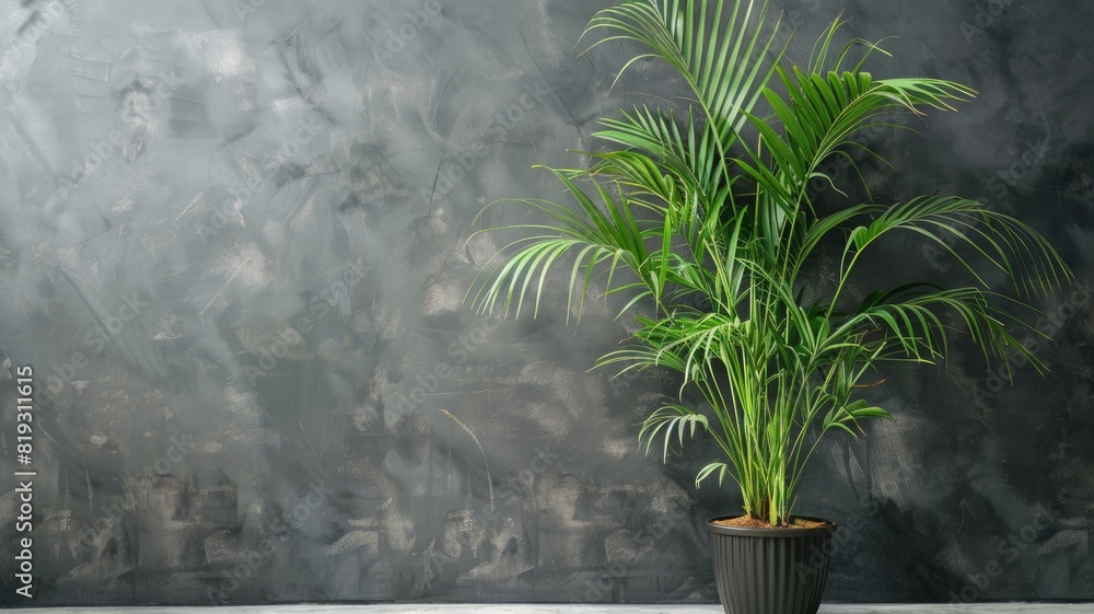 Indoor palm plant in black pot with grey wall background Indoor palm plant in black pot with grey wall background