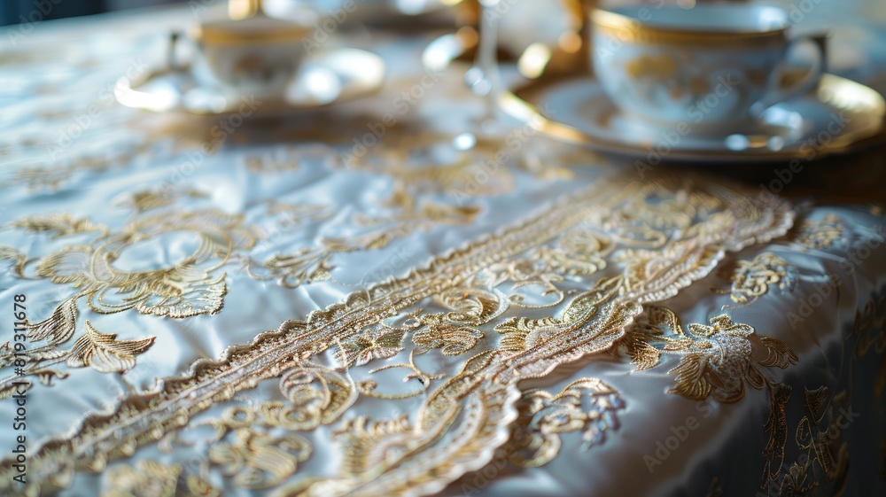 Obraz premium Intricately embroidered silk tablecloth with ornate gold detailing