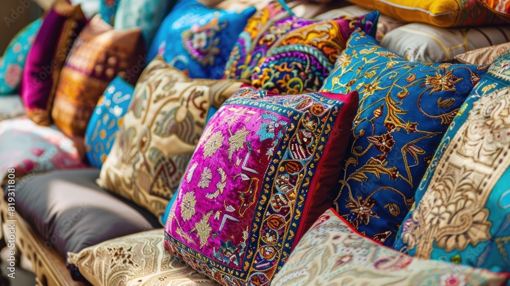 Colorful embroidered pillows arranged in row on bench display intricate designs various vibrant hues Colorful embroidered pillows arranged in row on bench display intricate designs various vibrant hues