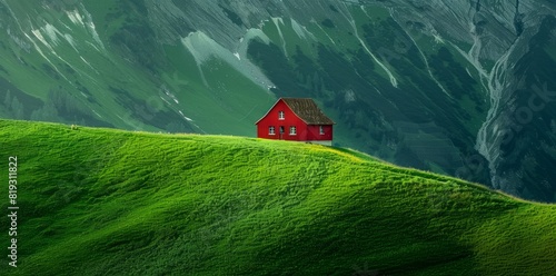 Isolated red house on the hill, beautiful typical Nordic house in an isolated landscape