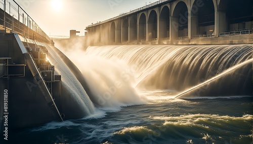  the dam flows clean water in the morning, Industrial waste water treatment plant purifying water 