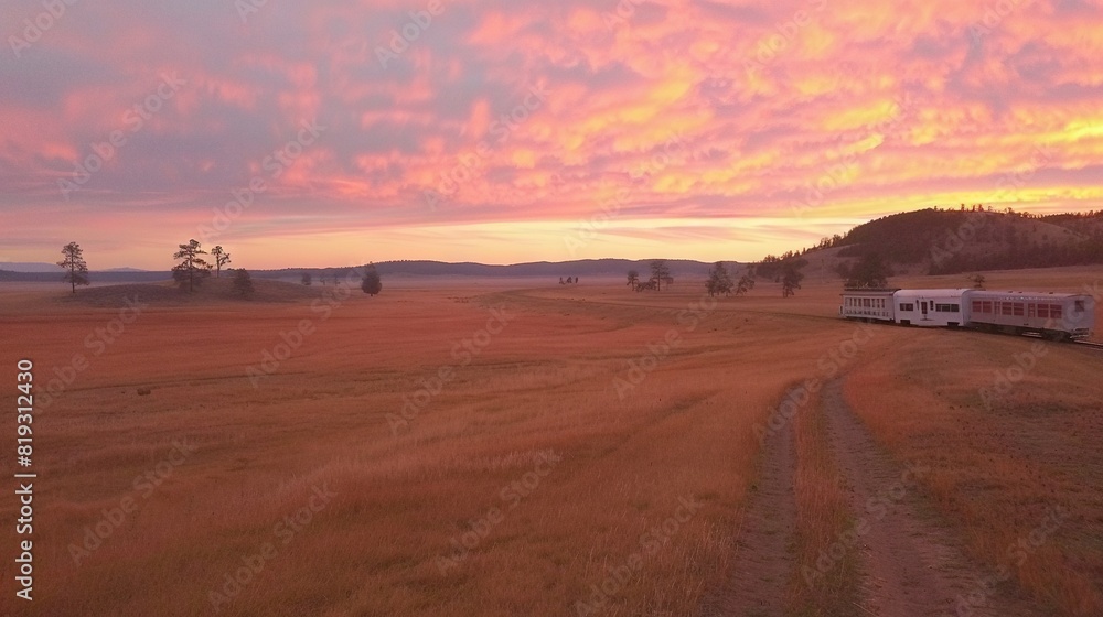 A train travels through a dry grass field under a cloudy blue and pink sky with a sunset in the background A train travels through a dry grass field under a cloudy blue and pink sky with a sunset in the background