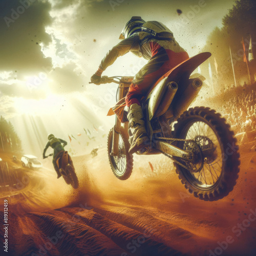 Dirt Track Domination: Motocross Racer Takes Flight. Offroad Challenge. generative AI © EVISUAL