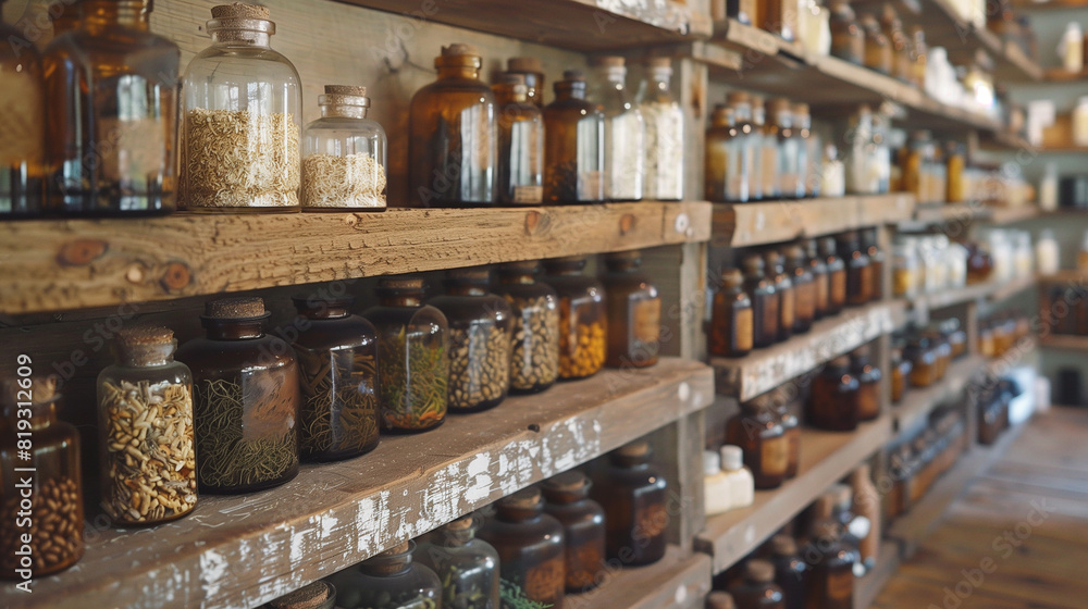 spice, herbs, dry food, tea, dehydratetad fruit in a lot of jars on the shelfs