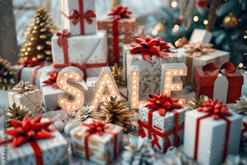Celebrate the season with our enchanting Christmas sale featuring a captivating display of intricately crafted gift boxes forming the word 'SALE'.