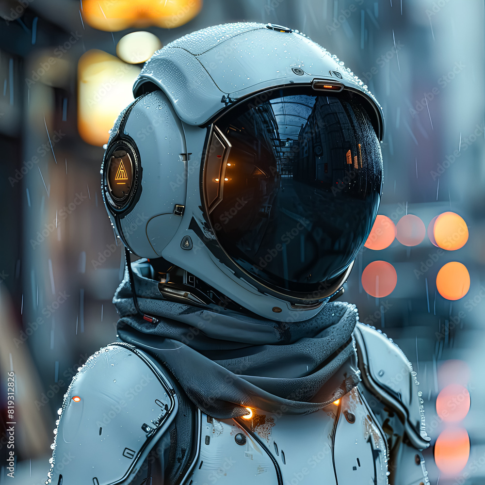 A person in a white space suit with a helmet on. The helmet has a triangle on it. The person is standing in the rain A person in a white space suit with a helmet on. The helmet has a triangle on it. The person is standing in the rain