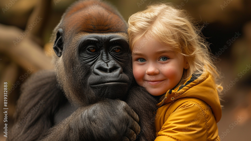 A cute little girl hugging a gorilla A cute little girl hugging a gorilla
