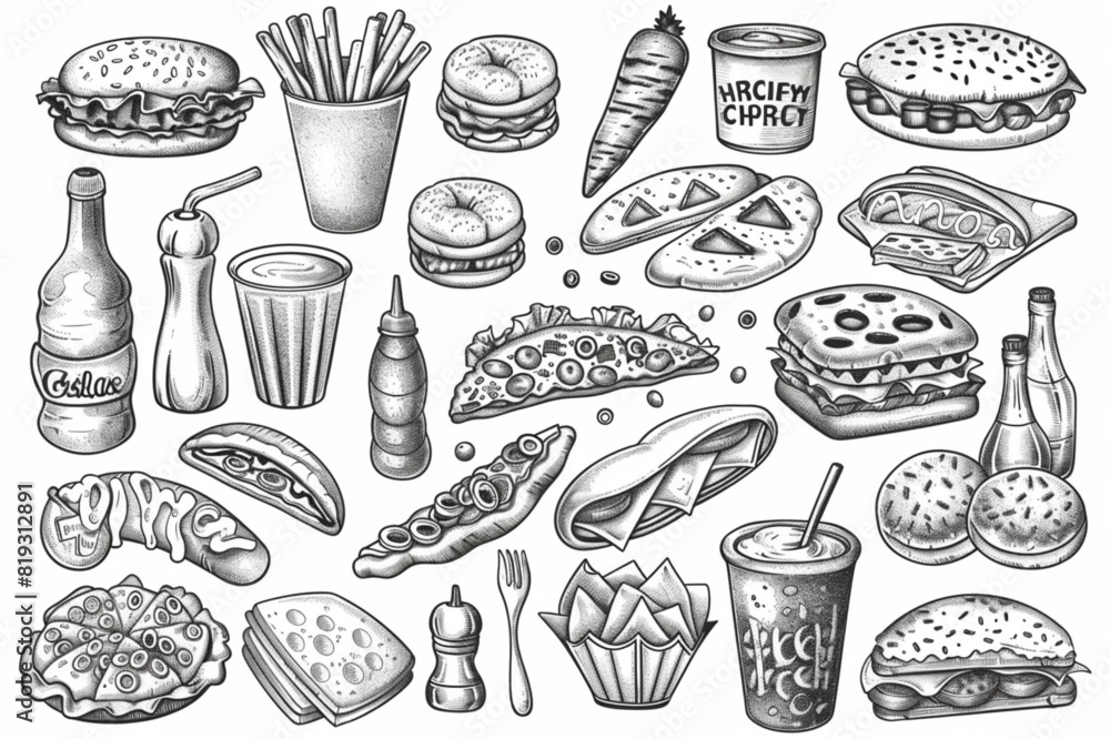 Set of hand drawn food isolated on white background, doodle set of fast food. Vector illustration set vector icon, white background, black colour icon