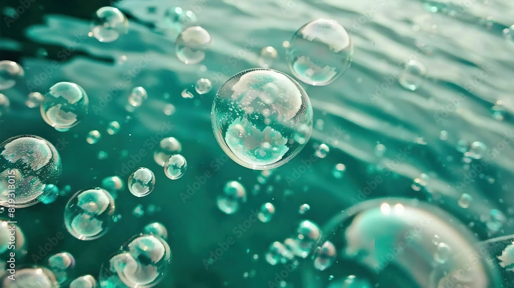   A collection of bubbles floating over water, alongside a body with numerous bubbles