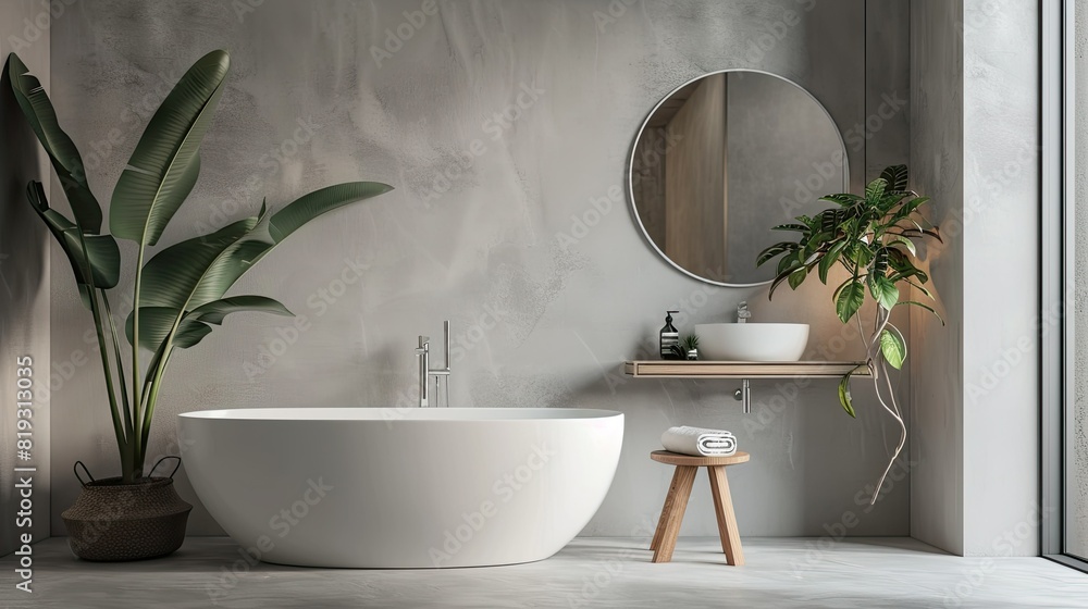 Fototapeta premium A minimalist bathroom with an oval freestanding bathtub, a large mirror above it and a small wooden stool next to the bathtub. The walls are done in soft gray tones, which creates a calm atmosphere.