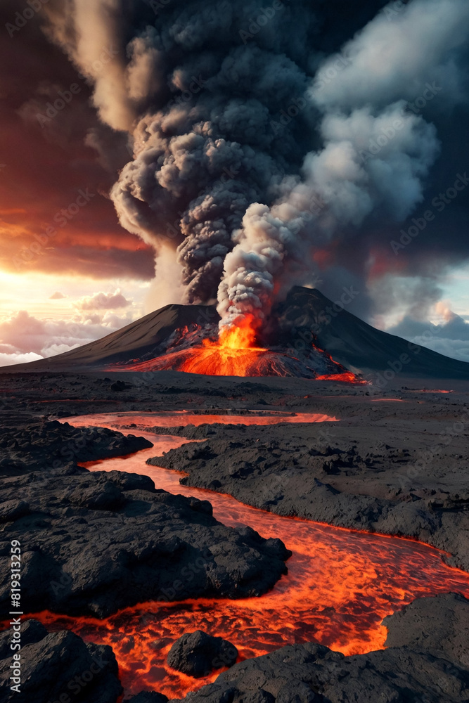 View of volcanic eruption, volcanic lava up from crater above, clouds and steam in sky.  Scenery of crater from fire volcano. Global earth ecological concept. Gen ai illustration. Copy ad text space