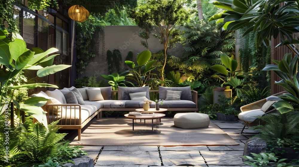 A serene outdoor patio with comfortable seating surrounded by lush greenery.