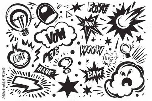 Set of hand drawn elements doodle comics isolated on white background. Comic elements with text BOW  POW  WOW  BAM  BOOM  BANG set vector icon  white background  black colour icon