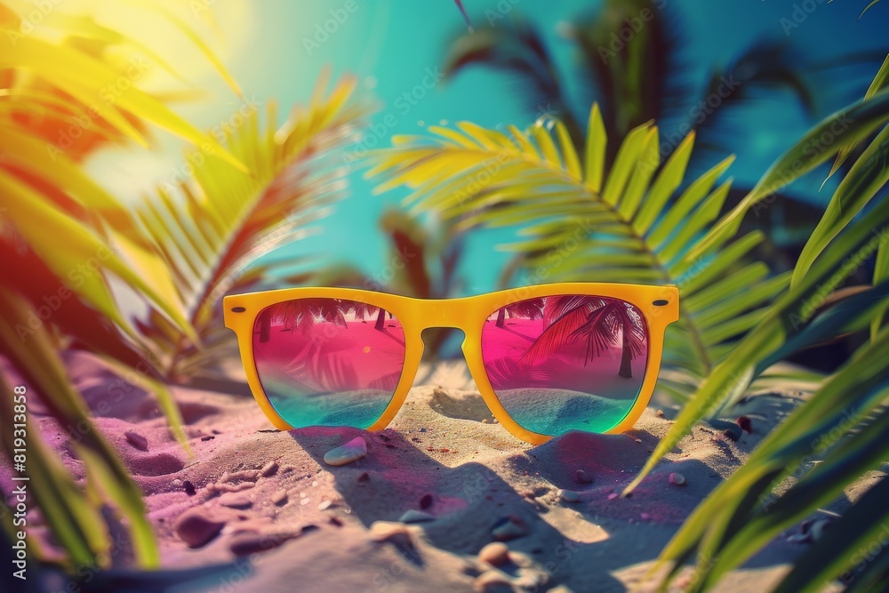 Eye-catching flyer with a lively beach scene and 'HOT Sale' text, featuring trendy beach glasses. Eye-catching flyer with a lively beach scene and 'HOT Sale' text, featuring trendy beach glasses.