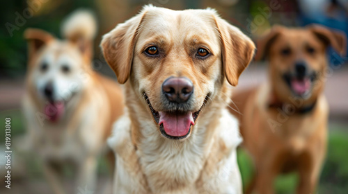 Golden retriever and friends at the park. A friendly golden retriever with a joyful expression stands in the foreground, while two other dogs play in the background at a sunny park..