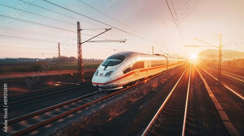 A high-speed train moves along the railway tracks at sunset. A modern high-speed passenger electric locomotive in white and orange colors  moving quickly through the autumn landscape.