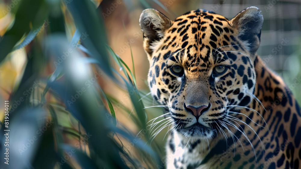 Obraz premium Jaguar in the wild. A majestic jaguar with piercing eyes is seen through the leaves in its natural habitat, showcasing its beautiful spotted coat and intense gaze..